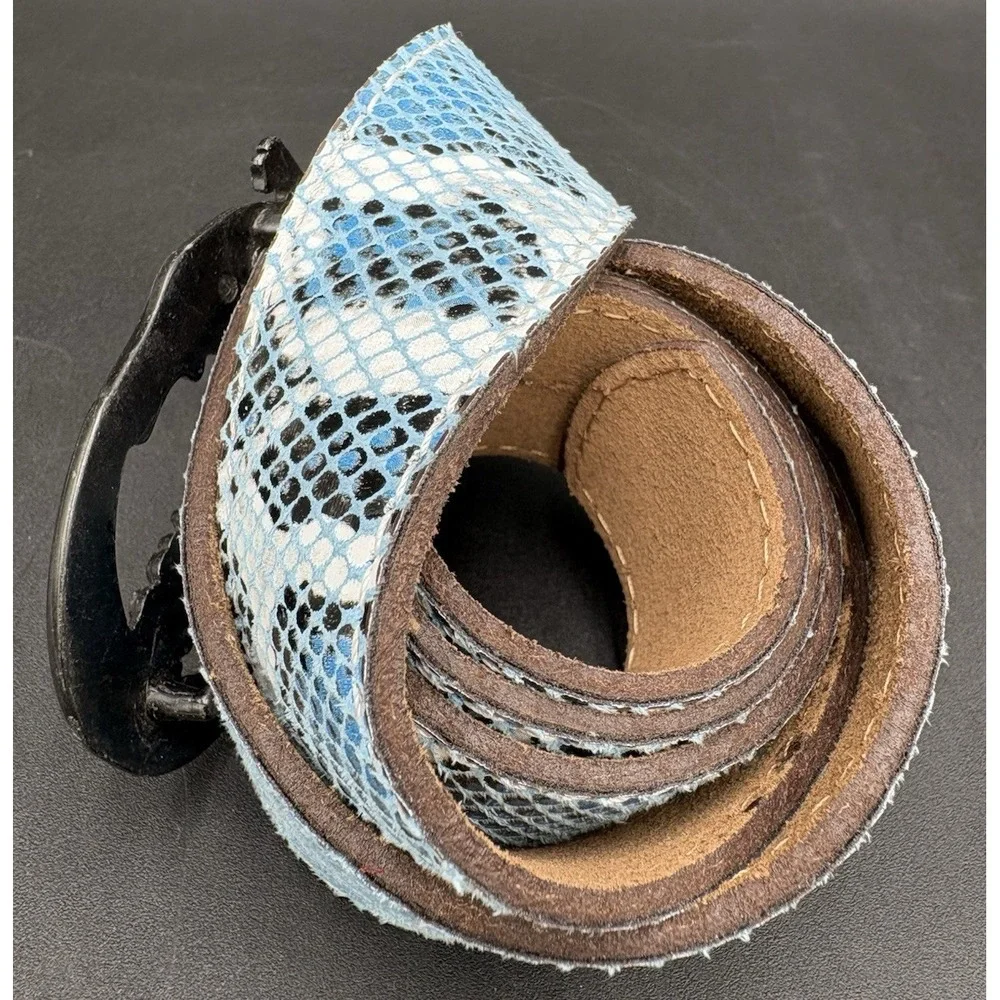 Just Cavalli Croc Leather Belt Blue Black White Crocodile Buckle Size 31-36 EUC